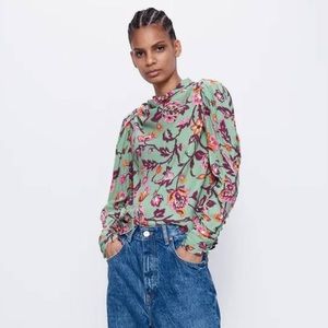 Zara Vintage Style Draped Long Sleeve Top With Floral Print